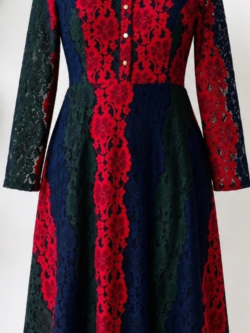Dress Album Red,Blue  & Green Lace Long Sleeve Dress with Gold Buttons